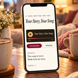 Custom song Your Story, Your Song playing on a phone with lyrics on screen